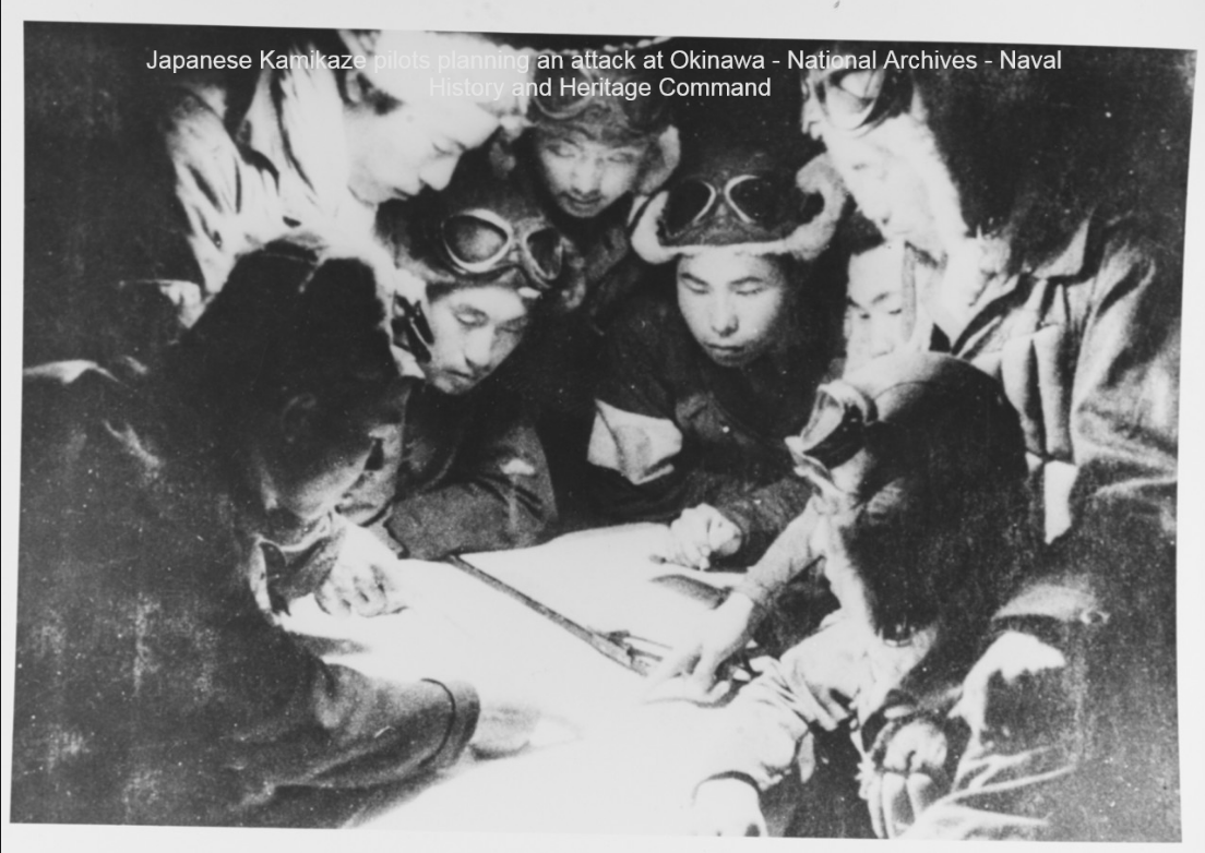Japanese Kamikase pilots planning an attack at Okinawa. National Archives.