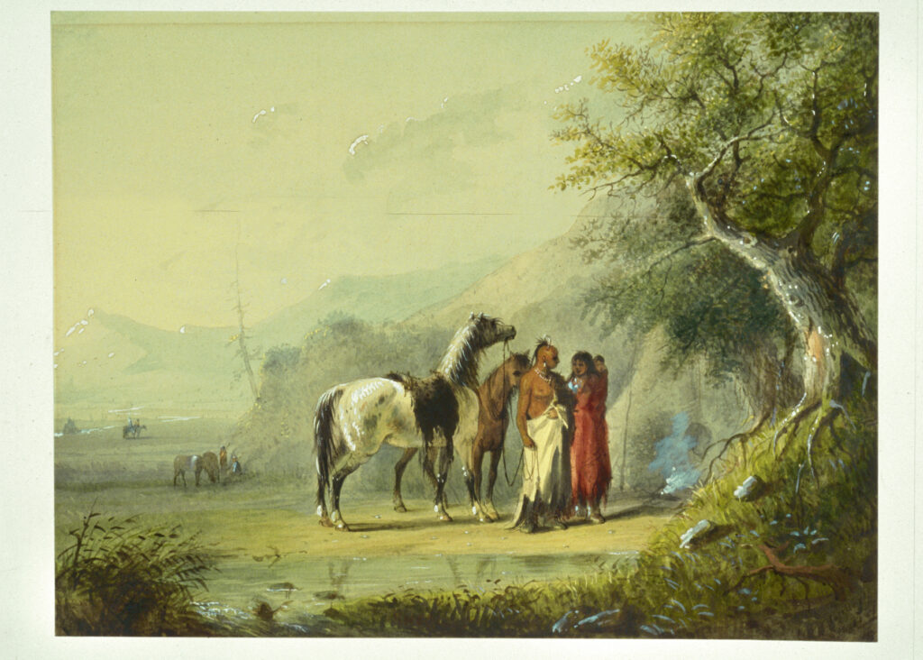 Lodges and figures at rest in an encampment on the plains.
