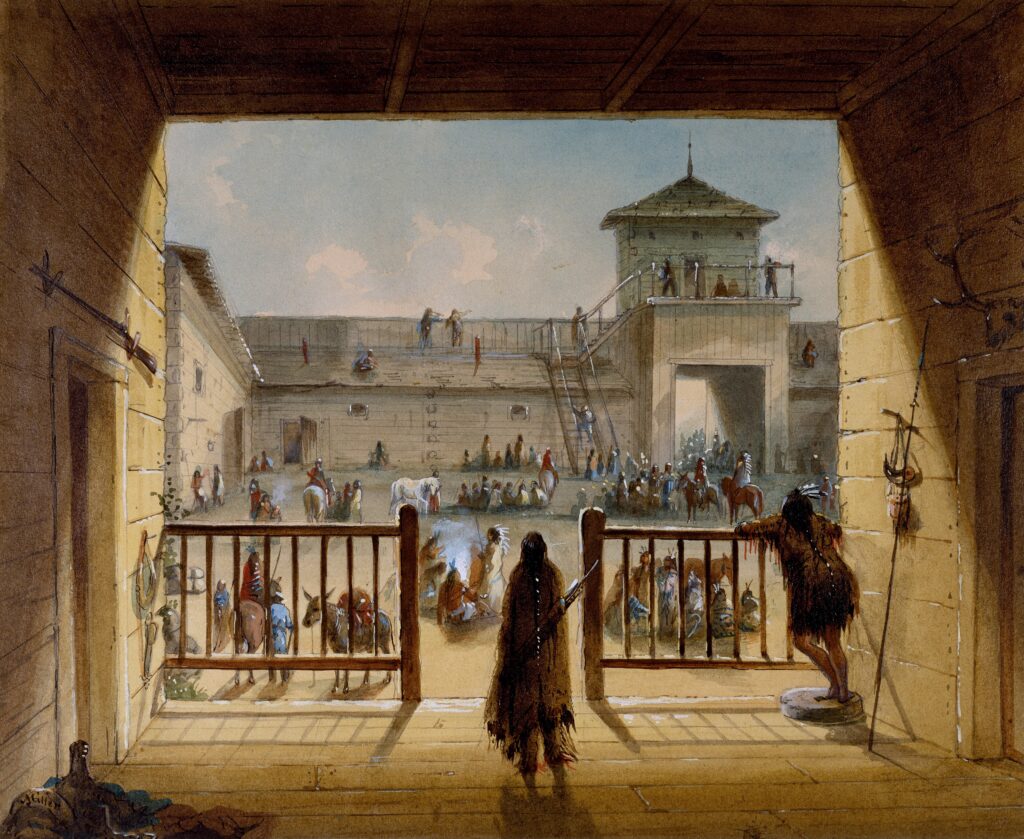 Watercolour of the courtyard inside Fort Laramie, with trappers and Plains Indians gathered under the walls.
