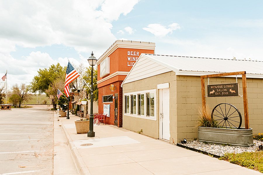 Historic storefronts along a street in downtown Moorcroft, Wyoming