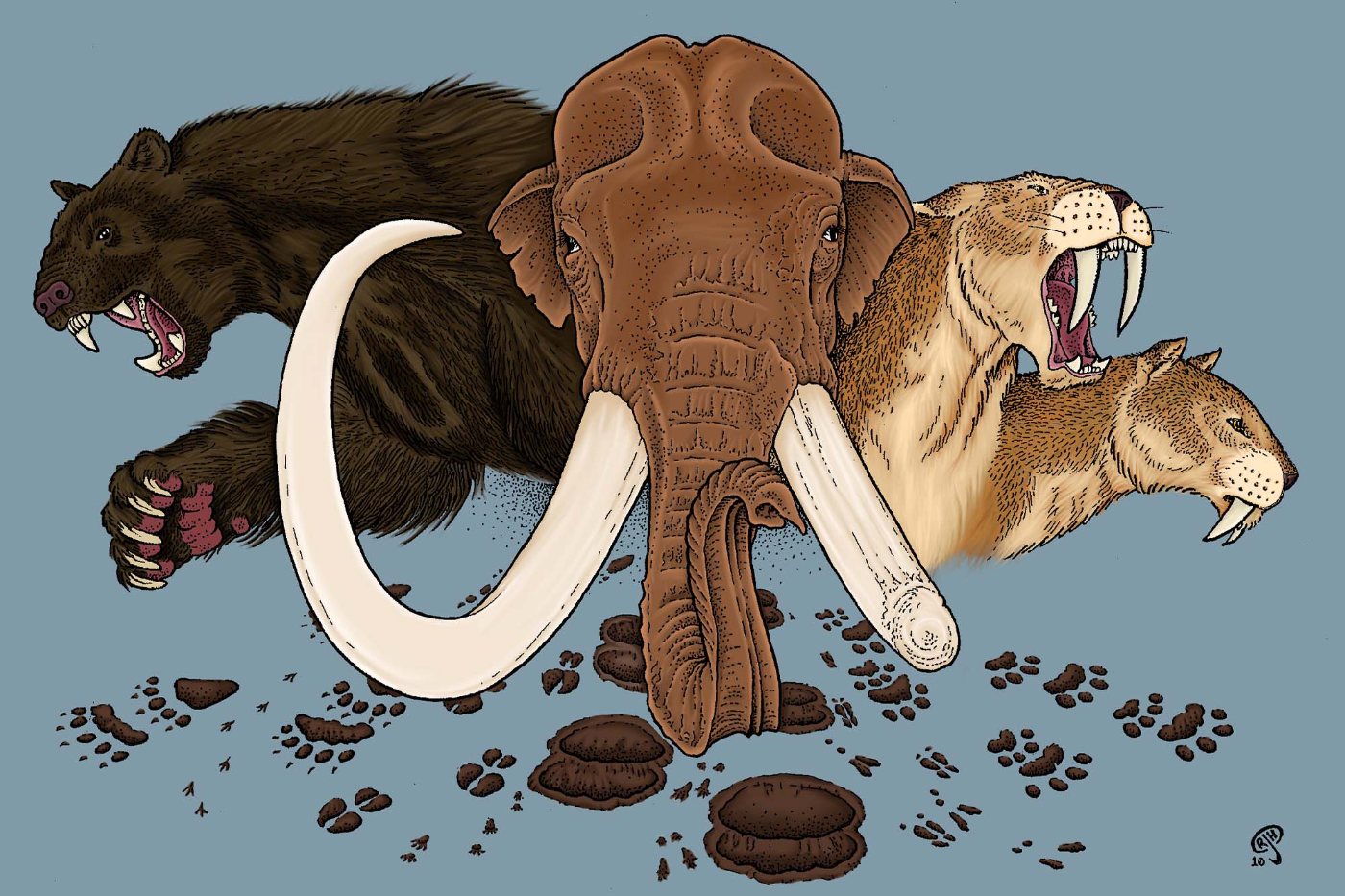 Illustration of ice age mammals including a woolly mammoth and a saber-toothed cat