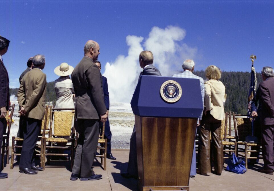 President Gerald R. Ford watches Old Faithful, 1976