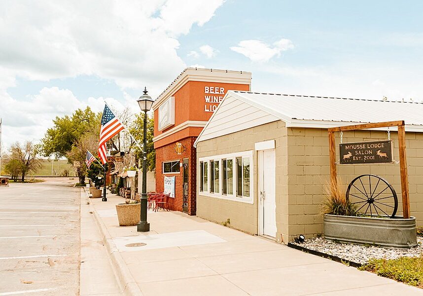 Historic storefronts along a street in downtown Moorcroft, Wyoming